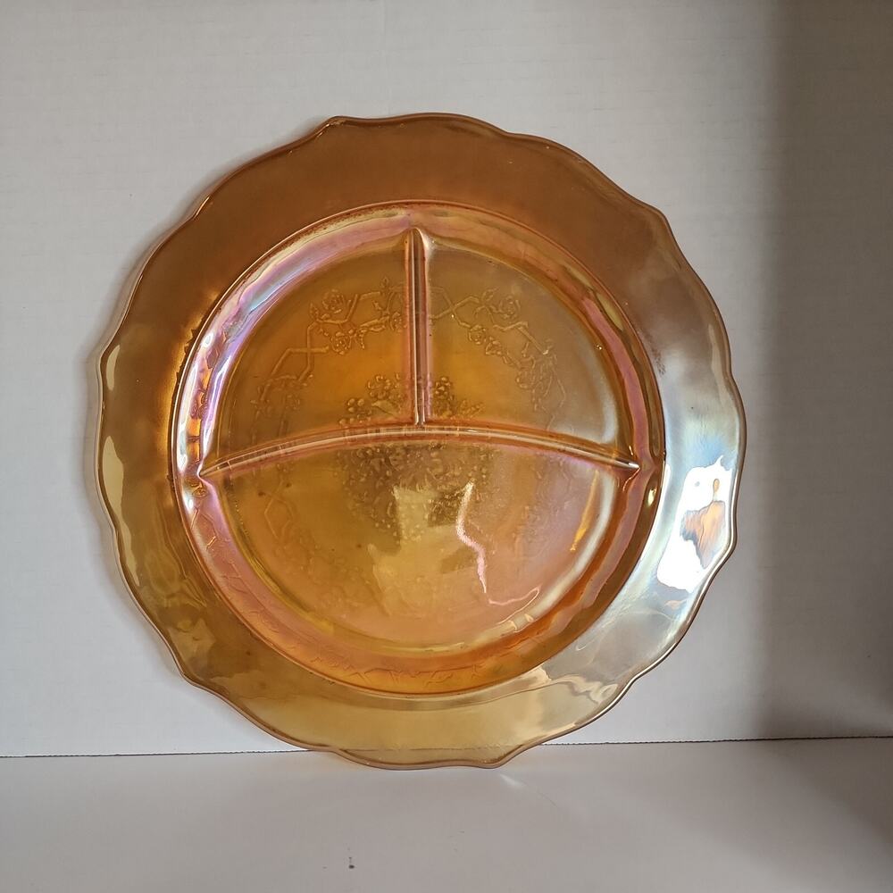 Federal Normandie Depression Glass Marigold Lattice Bouquet 11" Grill Plate